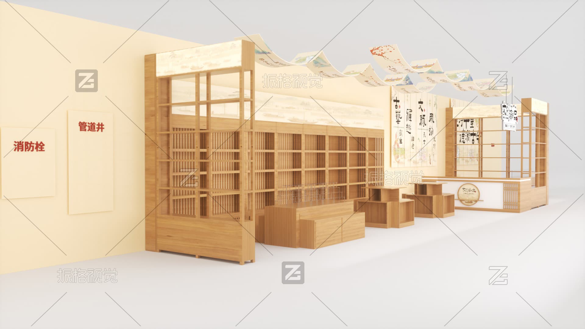 德州市博物馆木质文创品店展柜、岛台与收银区整体设计效果图