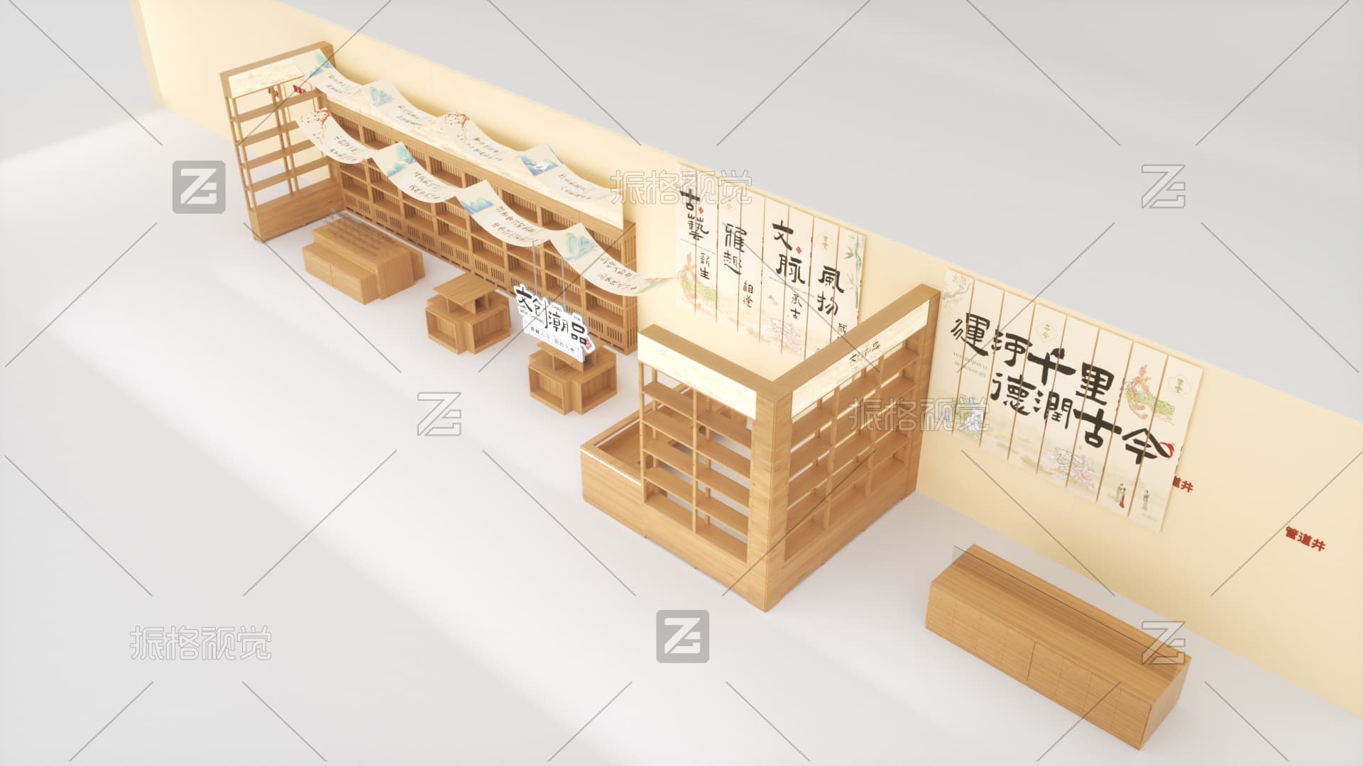 德州市博物馆文创品店展柜、岛台与收银台俯视设计效果图