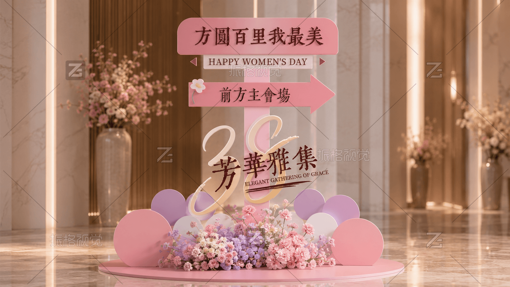 芳华雅集主会场方向导视与花艺气球装置设计效果图